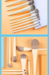 10-piece makeup brush set with ultra-soft bristles and off-white wooden handles for daily beauty.