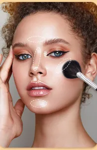 Soft makeup brush for face highlighter and blush application. Professional facial beauty tool detail view.