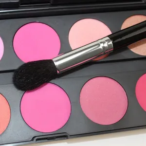Close-up detail of makeup brush with soft bristles placed on colorful powder palette.