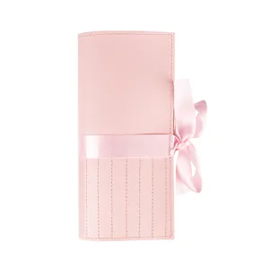 Borsa Porta Pennelli Trucco in Pelle PU Avvolgibile Rosa con Fiocco Custodia per Pennelli Cosmetici 11 Slot Organizer da Viaggio