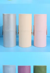 Porte-pinceaux de maquillage en cuir PU cylindrique, étui de voyage anti-poussière détails.
