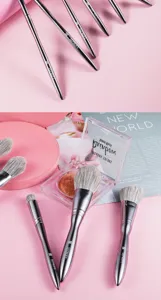 Detailed view of Seprofe silver makeup brush set featuring soft microcrystalline bristles.