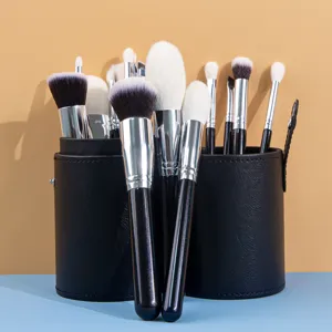 Ensemble de pinceaux de maquillage professionnels de 15 pièces avec étui en cuir noir
