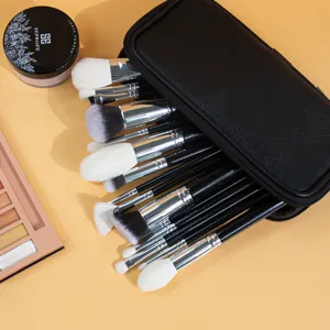 Ensemble professionnel de 15 pinceaux de maquillage avec étui en cuir noir élégant.