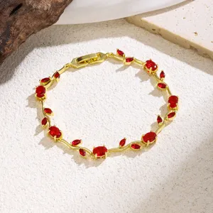Gold-plated red zircon leaf bracelet detail view showing delicate vine design for women.