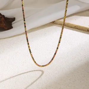 Chic stainless steel rainbow rhinestone tennis necklace for women, vibrant colorful choker jewelry.