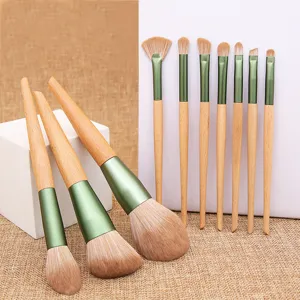 Kit Professionnel de 10 Pinceaux de Maquillage Avec Manche en Bois Tube en Aluminium Mat Cyan Pinceaux Cosmétiques Poudre Ombre à Paupières Fond de Teint Estompeur Outils pour Femme