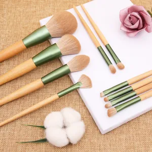Ensemble de 10 pinceaux de maquillage avec manches en bois et ferrule verte pour un maquillage pro.