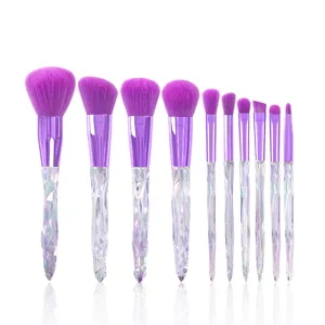 10-piece makeup brush set with crystal handles and purple soft bristles for professional face.