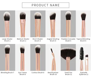 Detailed view of 12-piece eye makeup brush set showing different brush head shapes and sizes.