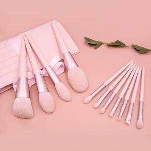 Professional 11 Makeup Brushes Synthetic Fiber Wood Handle Pink Apricot Face Powder Eye Shadow Contour Brushes Women Cosmetic Tools