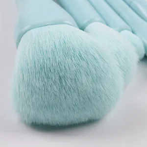 Candy color 10-piece makeup brush set with soft synthetic bristles for face and eye use.