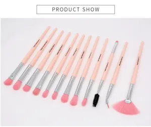 Detailed view of the 12-piece pink eye makeup brush set, featuring soft bristles and pink handles.