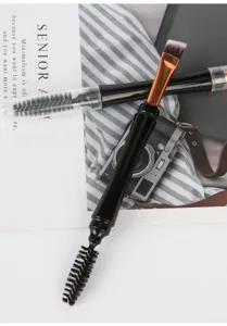 Pinceau à sourcils double embout avec capuchons de protection, biseauté et goupillon maquillage.