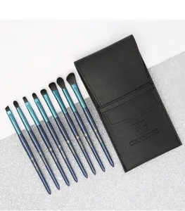 Kit de 8 pinceaux de maquillage pour les yeux avec pochette en cuir noir, pinceaux estompeurs.