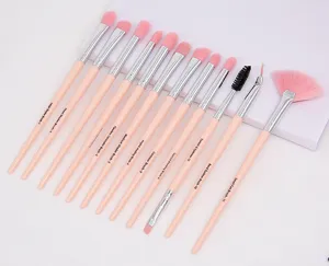 Detailed view of the 12pcs pink makeup brush set, featuring soft bristles and precise tips.