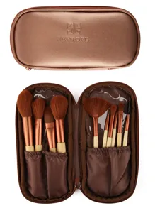 10 piece makeup brush set with premium storage bag detail view showing soft bristles.