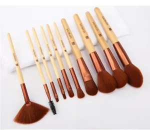 Detail view of 10-piece makeup brush set with eco-friendly bamboo handles and soft bristles.