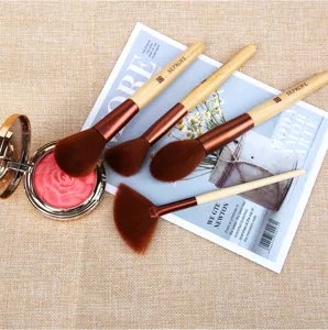 10-piece makeup brush set with bamboo handles, soft synthetic bristles, and professional tools.