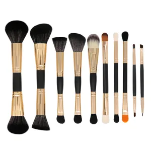 Ensemble de Pinceaux de Maquillage à Double Extrémité Professionnel Fibres Synthétiques Manche Bois Pinceaux Teint Yeux Outils Beauté