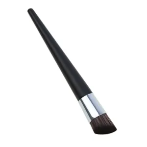 Detailed view of an angled liquid foundation makeup brush with black handle and soft bristles.