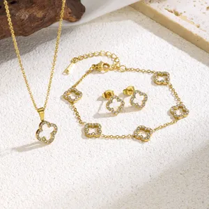 Fashion Clover Jewelry Set Stainless Steel White Rhinestone Pendant Necklace Bracelet Stud Earrings For Women Gift