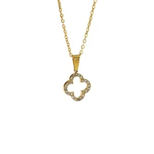 Exquisite gold clover rhinestone pendant necklace, elegant French style fashion jewelry.