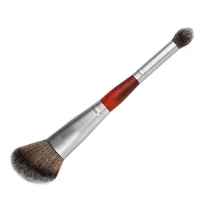 Dual-ended makeup brush with wood handle and soft synthetic bristles for blush and contour.