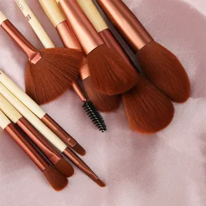 10-piece makeup brush set with bamboo handles, soft synthetic bristles for powder and blush.
