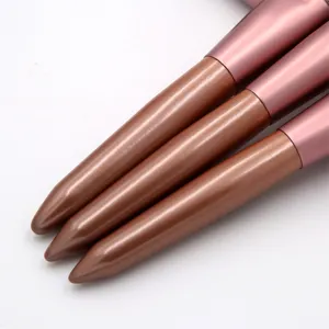 Detailed close-up shot of makeup brush handle featuring elegant brown and pink metallic finish.