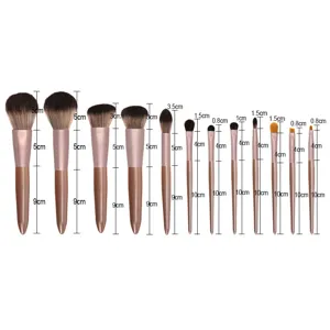 12-piece makeup brush set with brown handles and soft bristles for face and eye makeup.