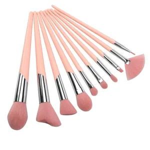 Detailed view of 10-piece pink makeup brush set with soft bristles and sleek plastic handles.
