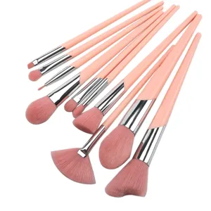 Detailed view of pink makeup brush set bristles and metal ferrules close up angle view tools.