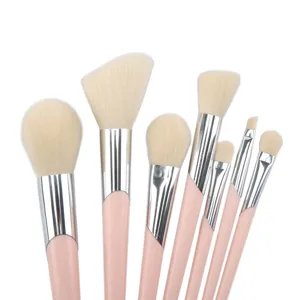 Pink makeup brush set detail showing soft bristles and silver metal ferrules for flawless application.