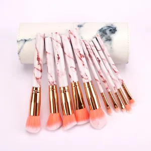 10-teiliges Marmor Make-up Pinselset mit tragbarer Hülle, professionelle rosa Kosmetikpinsel.