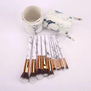 Marmor Make-up Pinsel Set mit tragbarem PU Leder zylindrischem Aufbewahrungsetui für Kosmetik.