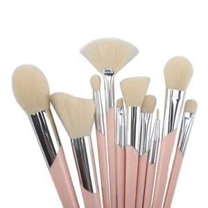 Detail shot of soft bristle makeup brush set with pink handle, precise eye and face application.
