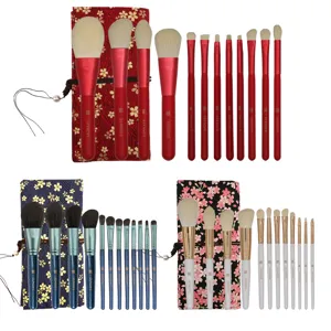 Ensemble de 12 Pinceaux de Maquillage Sac Portable Imprimé Cerisier Poils Synthétiques Pinceaux Ombre à Paupières Poudre Manche en Bois