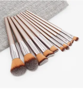 10pcs champagne gold makeup brush set detail view, soft synthetic bristles, aluminum ferrule.