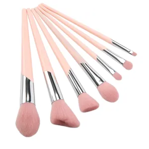Pink makeup brush set detail shot, soft bristles with silver ferrule and pink handle.