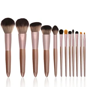 12-piece professional makeup brush set in brown, essential cosmetic tools for face and eyes.