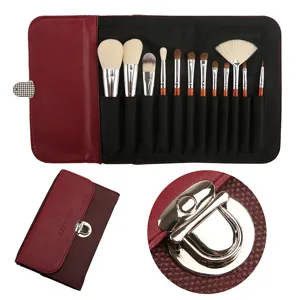 12-teiliges Make-up-Pinsel-Set mit weichem Tierhaar und rotem Leder-Etui für präzises Schminken.