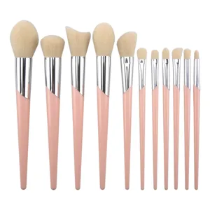 Professional 10-piece pink makeup brush set with soft bristles for powder, foundation and eyes.