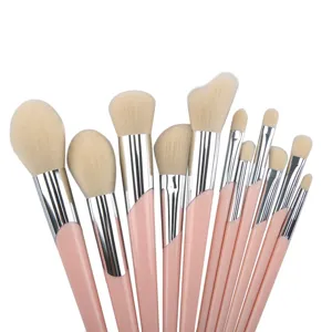 Soft bristle makeup brush detail view with pink handle and silver ferrule for precise application.