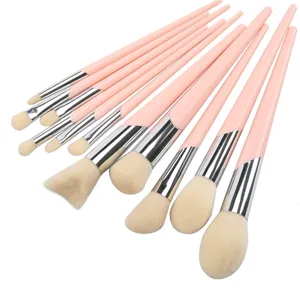 Professional pink makeup brush set with soft bristles for face powder and eye shadow details.