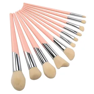 Detailed view of a 10-piece pink makeup brush set with soft bristles and metal ferrules.