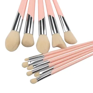 Pink handle makeup brush set detail view, soft synthetic bristles for powder and eyeshadow.