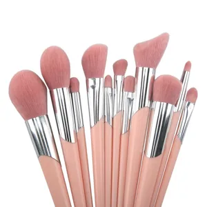 Pink makeup brush set detail showing soft bristles and silver ferrules for professional use.