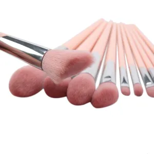 Pink makeup brush set with soft bristles and silver ferrule for professional makeup use.