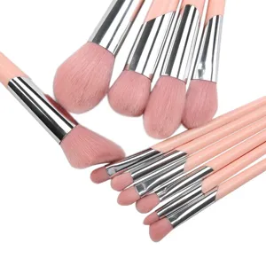 Pink makeup brush detail shot, soft synthetic bristles, silver metal ferrule for daily use.